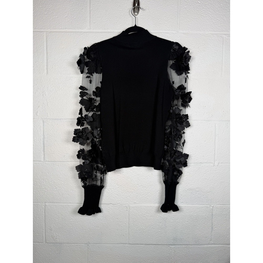 CACHÉ Black Floral Mesh Sleeve Sweater XS Coquette Romantic Sheer Statement Top